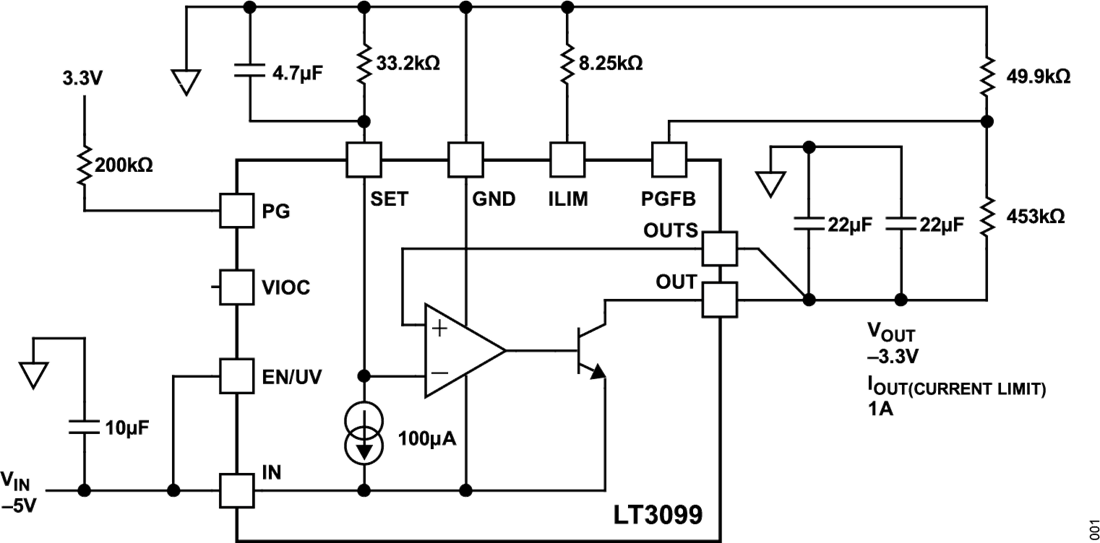 Applikations-Schaltungsdiagramm - Analog Devices Inc. LT3099 Negative Linearregler mit extrem hohem PSRR