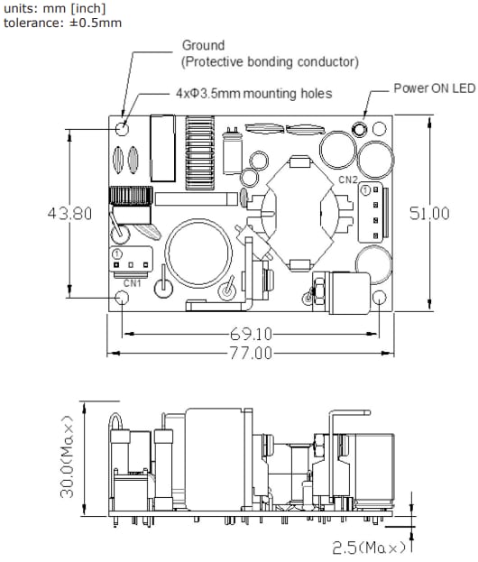 Technische Zeichnung - CUI Inc VOFM-65G Interne AC/DC-Netzteile