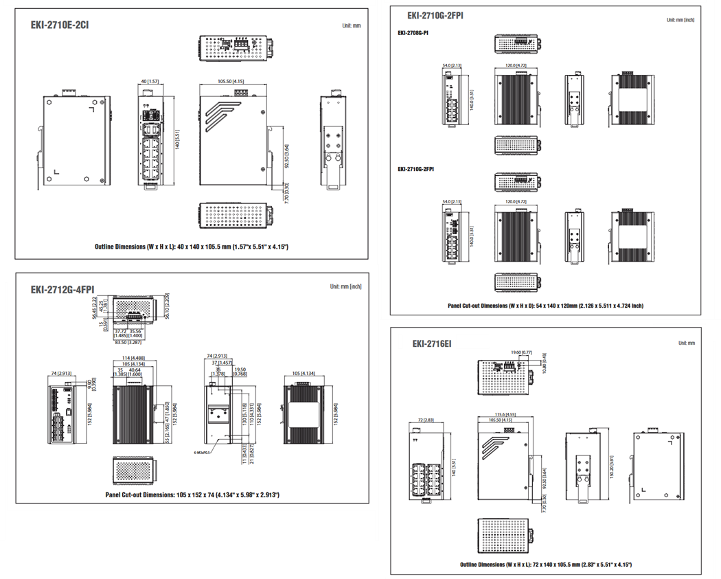 Technische Zeichnung - Advantech EKI-271x Industrial Unmanaged Switches