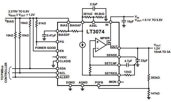 Applikations-Schaltungsdiagramm - Analog Devices Inc. LT3074 Dropout-Linear-Regler