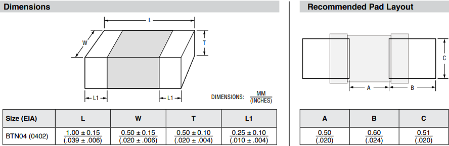 Technische Zeichnung - Bourns BTN04G SMD-NTC-Thermistoren