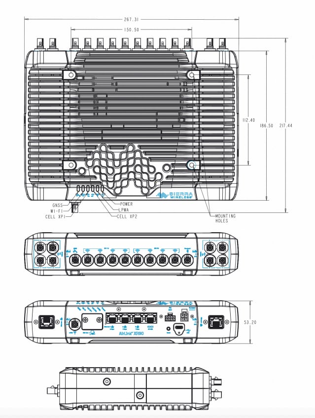 Technische Zeichnung - Sierra Wireless / Semtech AirLink® XR90 Multi-Netzwerk-Router 5G/Wi-Fi® 6