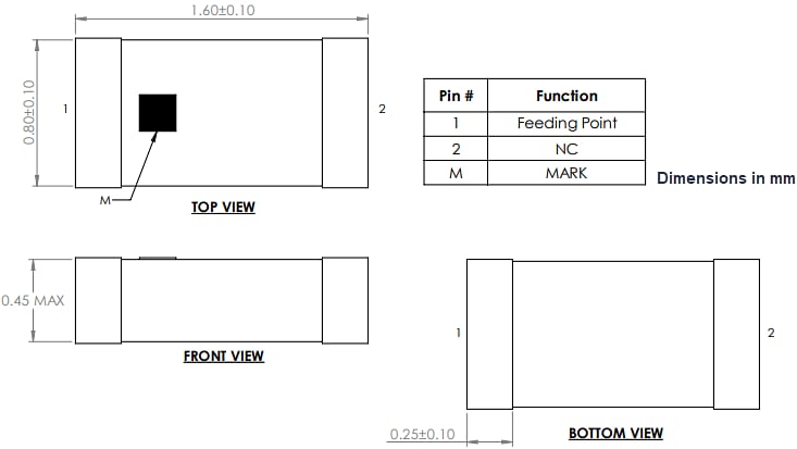 Mechanical Drawing - Abracon AANI-CH BLUETOOTH®/Wi-Fi® Chip Antennas