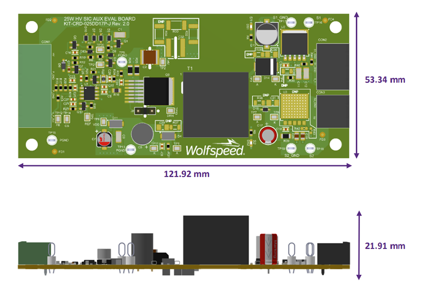 Technische Zeichnung - Wolfspeed 25-W-Hilfsstrom-Flyback-Evaluierungsplattform