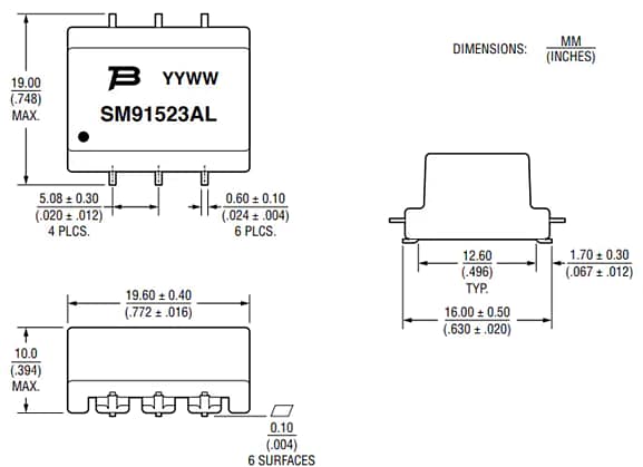 Technische Zeichnung - Bourns SM91523AL Planar-Transformator für Fahrzeug-BMS