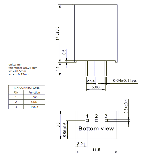 Technische Zeichnung - CUI Inc P78B-2000 Nicht-isolierte 2 A-DC/DC-Wandler