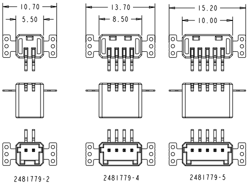 Technische Zeichnung - TE Connectivity Mini CT Invertierte Through-Board-Stiftleisten mit niedrigem Profil