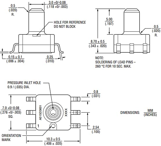 Technische Zeichnung - Bourns BPS160 analoge Drucksensoren