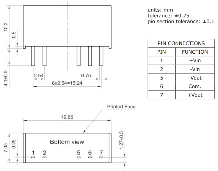 Technische Zeichnung - CUI Inc VQA2-S DC/DC-Wandler
