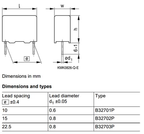 Technische Zeichnung - EPCOS / TDK B3270xP metallisierte Folienkondensatoren