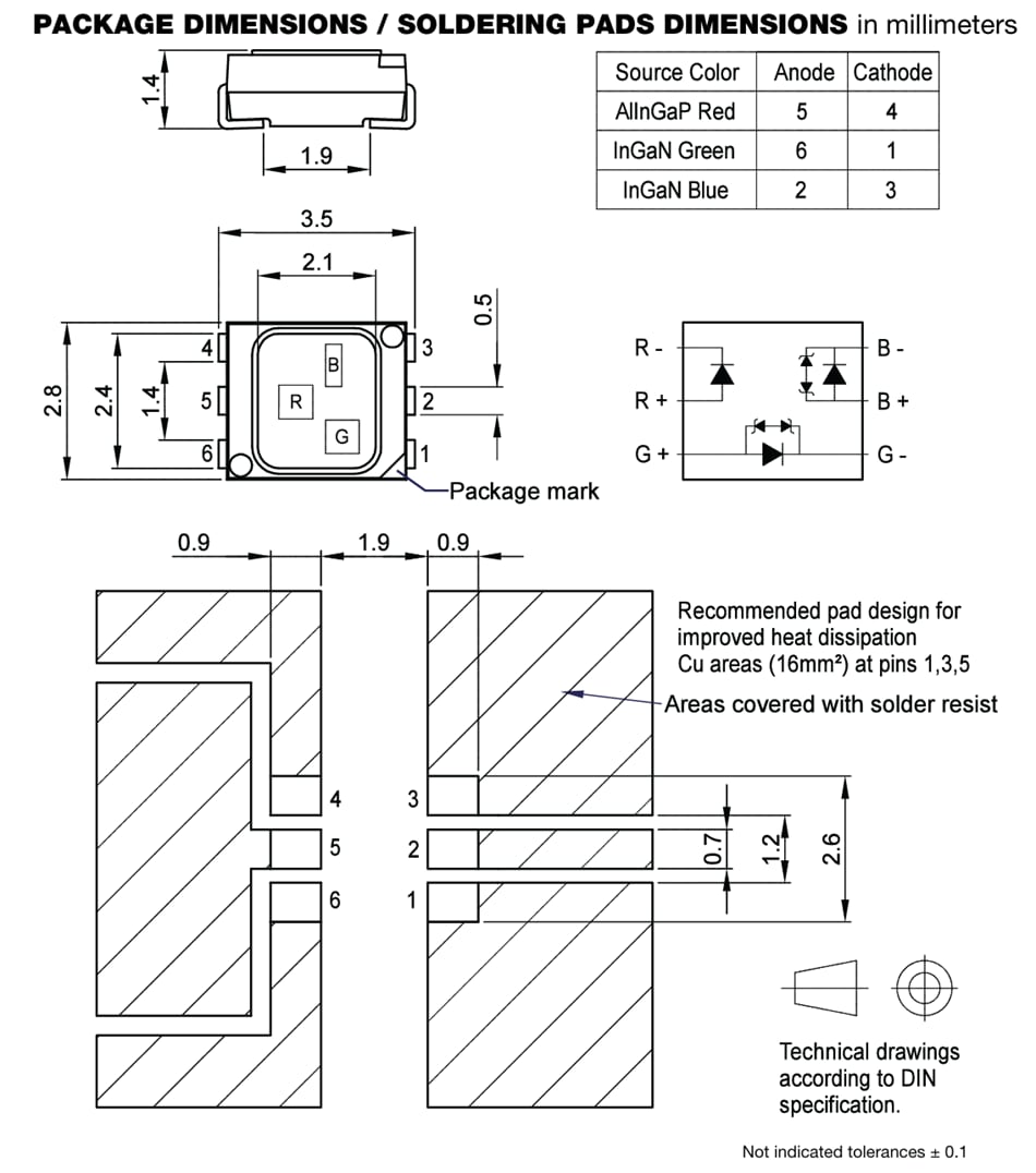 Technische Zeichnung - Vishay Semiconductors VLMRGB6122 Mehrfarbige PLCC-6-LEDs