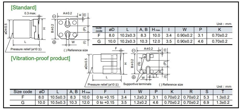 Technische Zeichnung - Panasonic Leitfähige Polymer-Hybridkondensatoren EEH-ZVU