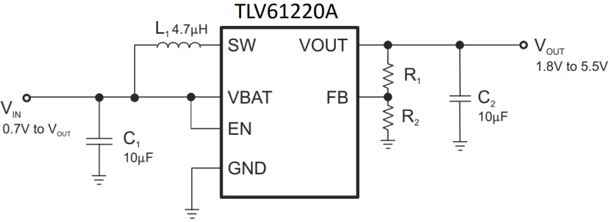 Schaltplan - Texas Instruments TLV61220A Aufwärtswandler mit niedriger Eingangsspannung