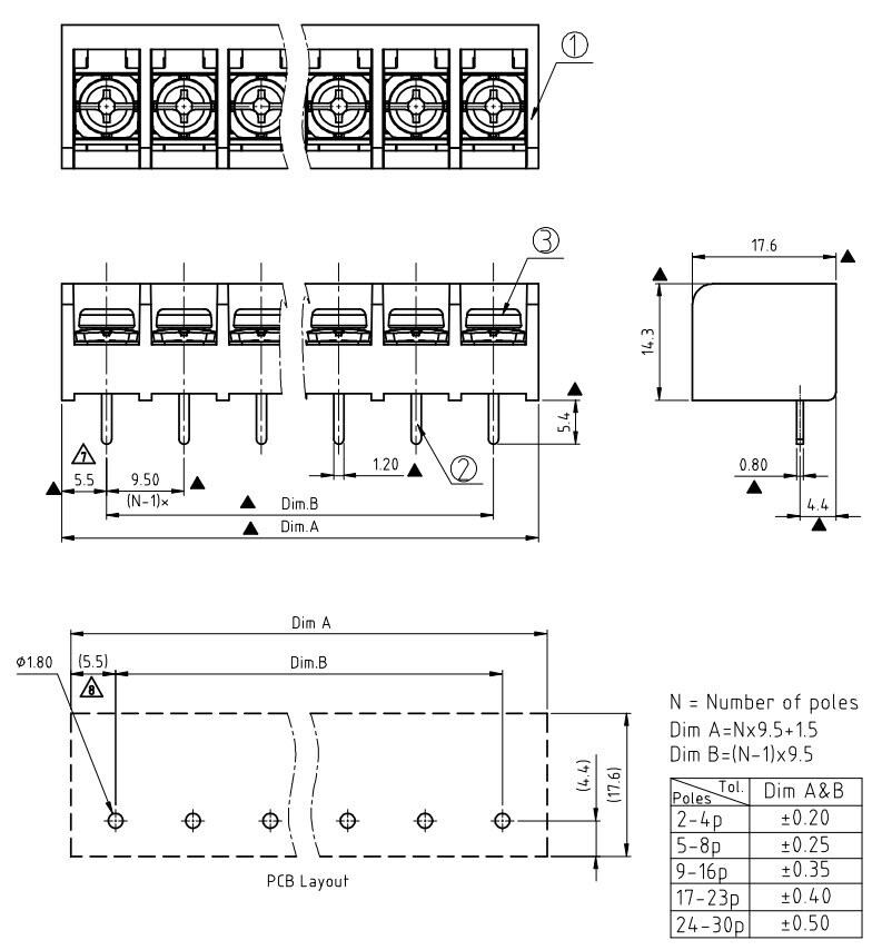 Technische Zeichnung - Amphenol Anytek YK441 Single-Row Barrier Terminal Blocks