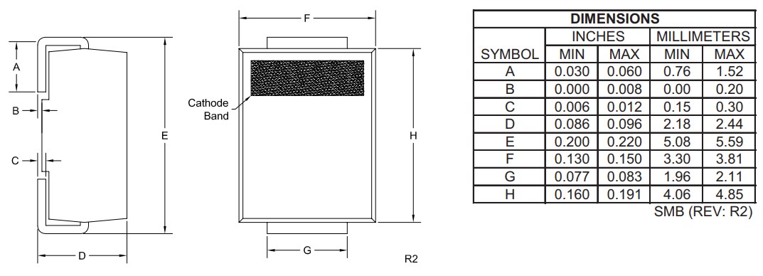Mechanical Drawing - Central Semiconductor SMT Silicon CMZ Automotive Zener Diodes