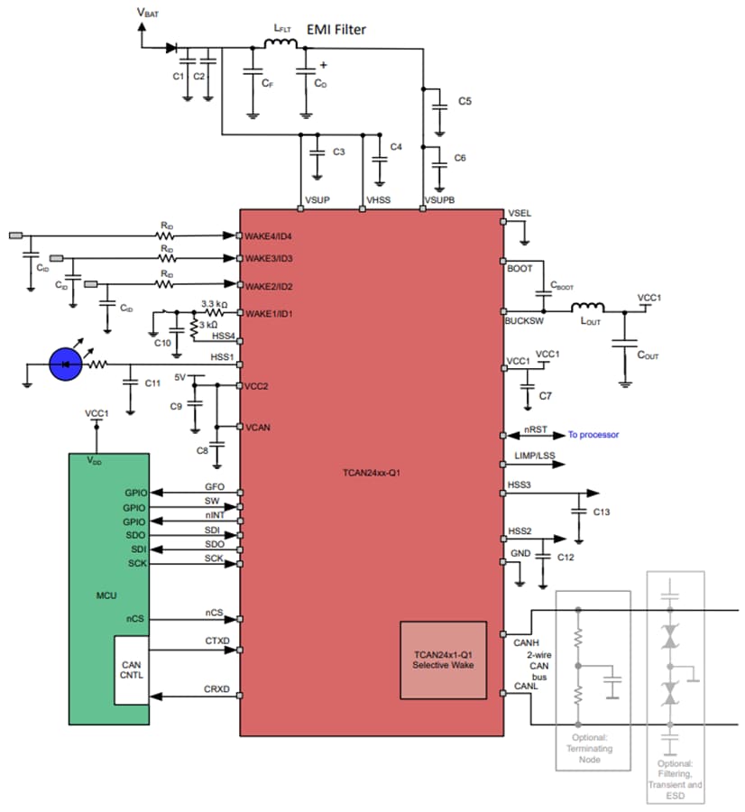 Applikations-Schaltungsdiagramm - Texas Instruments TCAN245x-Q1 SIC-CAN-FD-System-Basis-Chip (SBC)