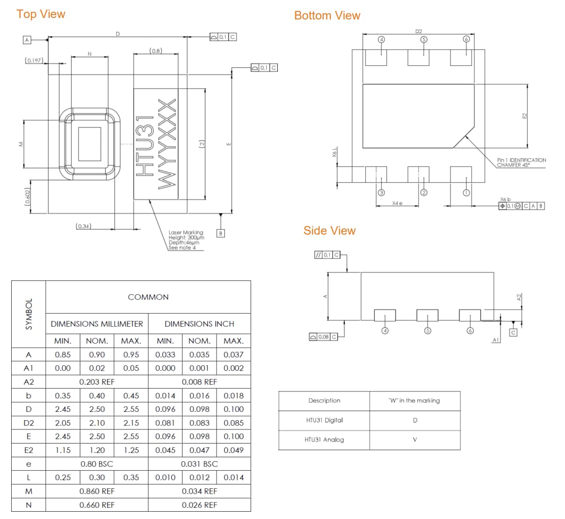 Technische Zeichnung - TE Connectivity Relative-Feuchte- und Temperatursensoren HTU31