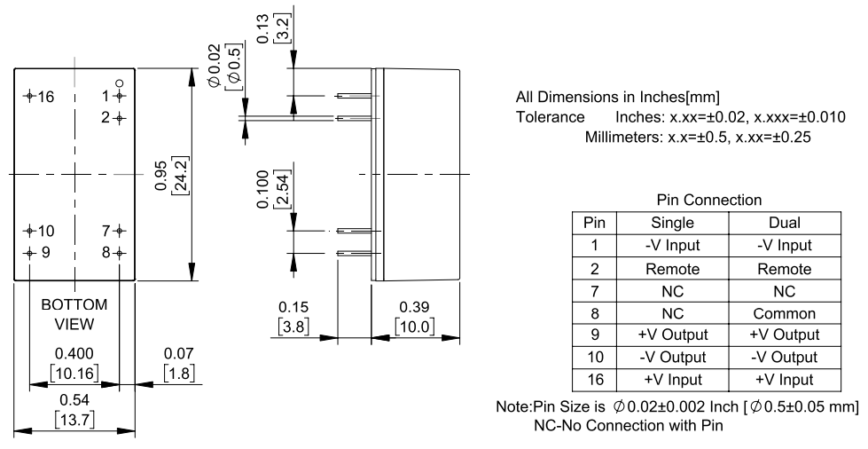Mechanical Drawing - Cincon EC4DAW 6W 4:1 Input Isolated DC-DC Converters