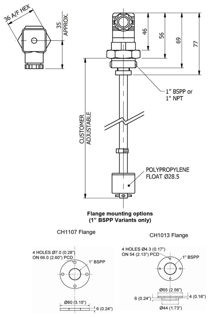 Technische Zeichnung - Amphenol Rochester Sensors T/LL122 Einstellbare vertikale Schwimmerschalter
