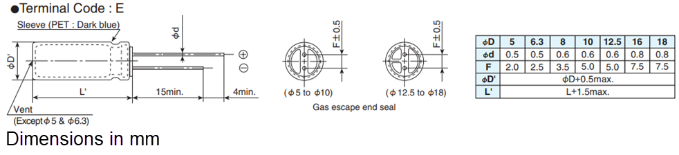 Mechanical Drawing - Chemi-Con LXZ Aluminum Electrolytic Capacitors