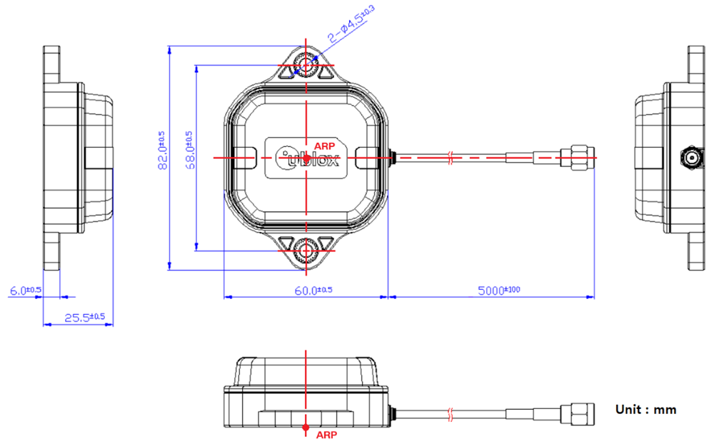 Technische Zeichnung - u-blox ANN-MB3 L1/L2/L5 GNSS-Dreiband-Antennen