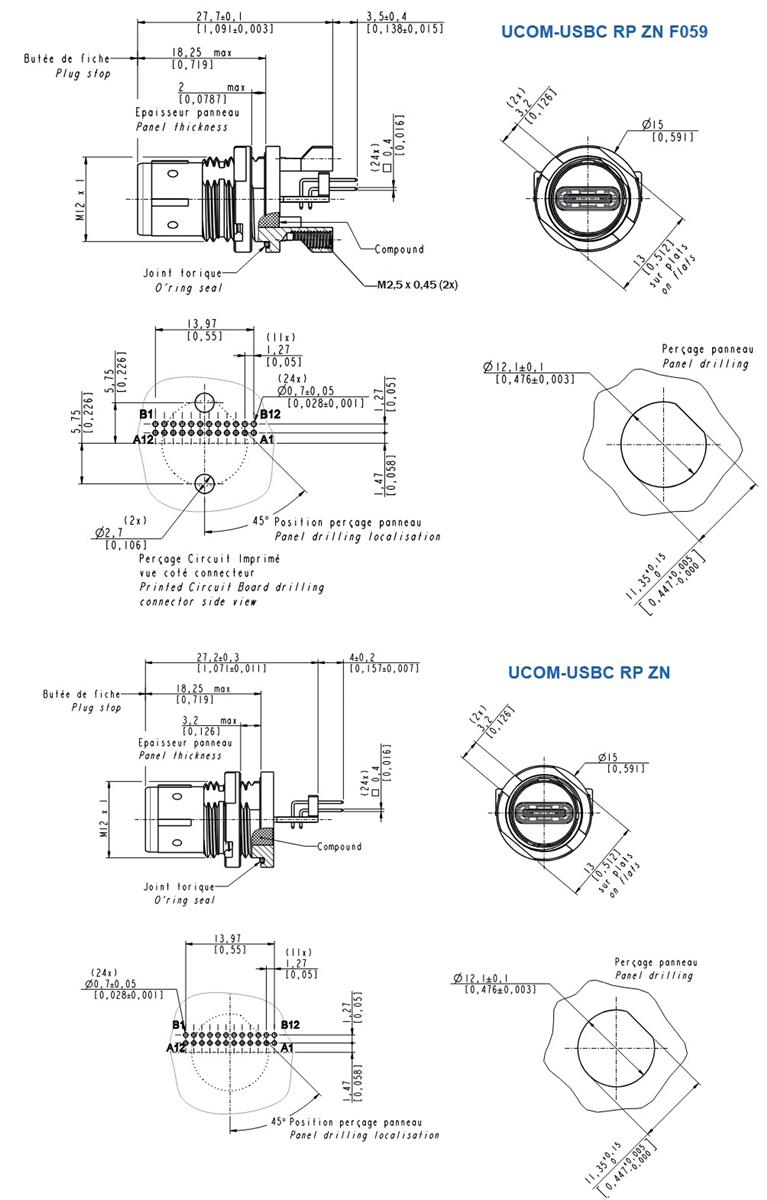 Technische Zeichnung - Amphenol Socapex Robuste Steckverbinder und Kabelsätze μCOM USBC 3.2 Gen 2
