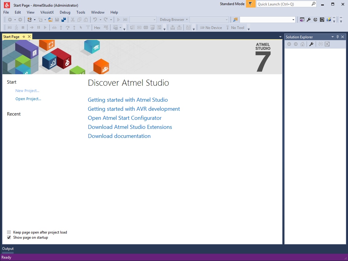 Screen capture showing the Atmel Studio 7 Start Page