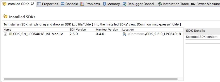 Screen image after importing the SDK into MCUXpresso