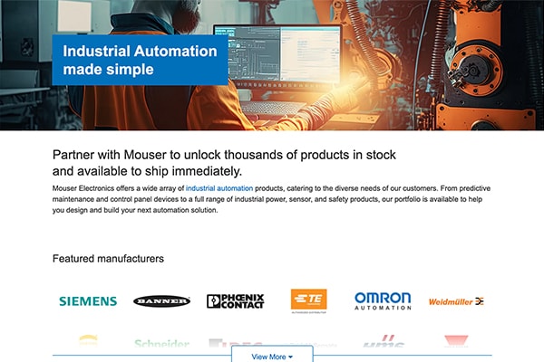 A screenshot of the Industrial Automation landing page; The title 'Industrial Automation made simple' is over a header image of a worker working on a computer in an industrial factory next to an orange robotic arm