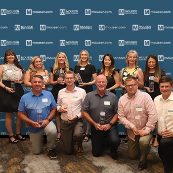 Twelve people pose with trophies against a Mouser backdrop